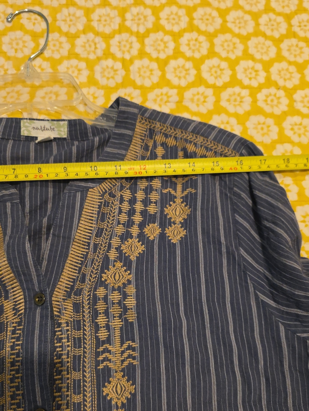 Nurture Blue Stripe Button-Front Shirt Tan Embroidery Loose Flowy Size XL Boho - Picture 9 of 11